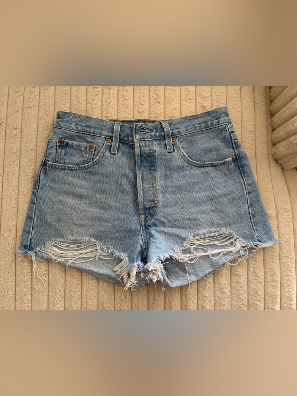 Levi's Light Blue Distressed High-Rise Denim Shorts
